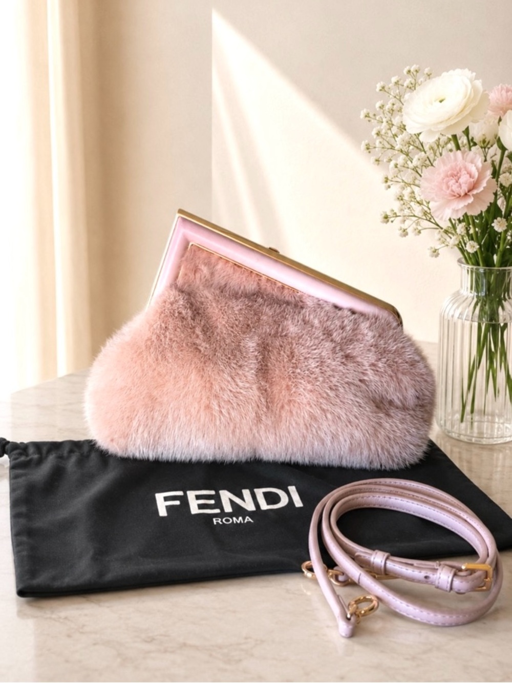 Fendi First Small Blush Pink Mink Fur Clutch Bag Gold Hardware Dust Bag & Strap